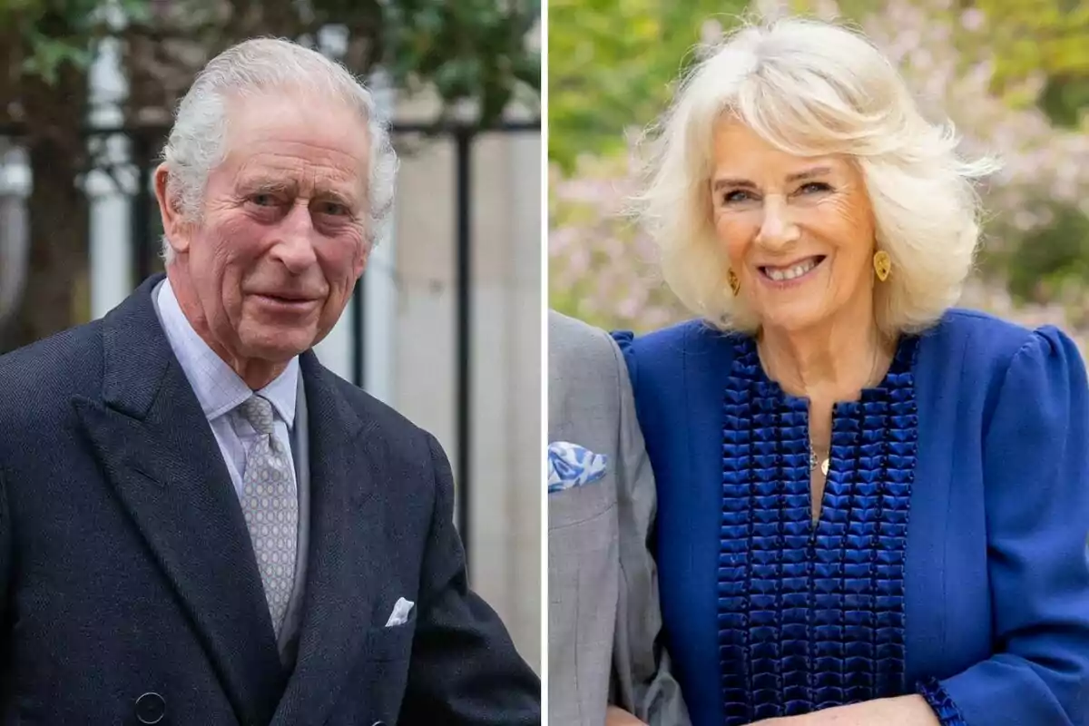 Carlos III i Camila Parker somrients, un home amb vestit fosc i una dona amb vestit blau, en un entorn exterior. Carlos III i Camila Parker somrients, un home amb vestit fosc i una dona amb vestit blau, en un entorn exterior.