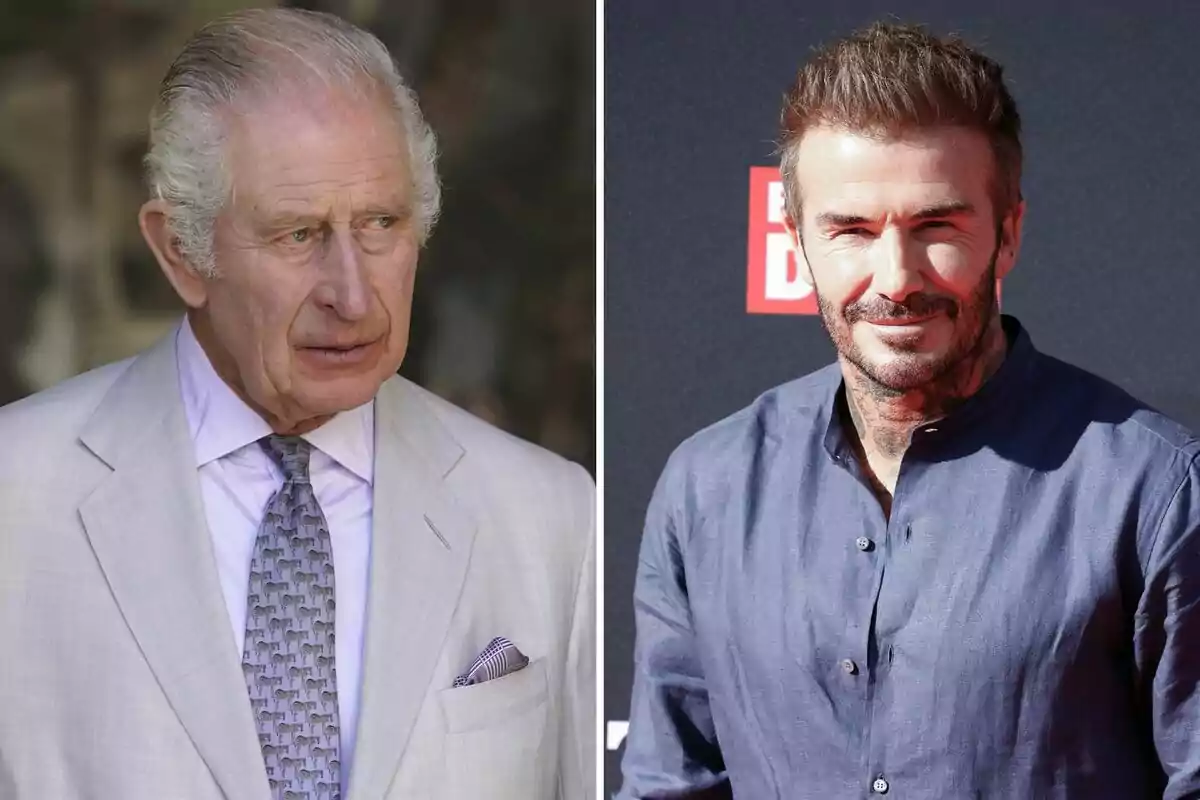 Charles III and David Beckham pose in separate pictures; one wears a light suit and tie, the other wears a dark blue jersey and has a beard. Charles III and David Beckham pose in separate pictures; one wears a light suit and tie, the other wears a dark blue jersey and has a beard.