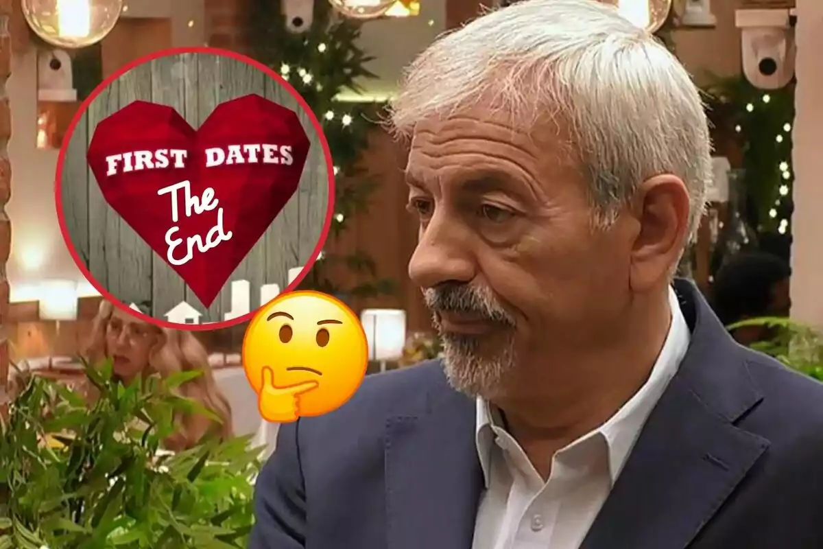 Un home gran amb expressió pensativa apareix en un restaurant, mentre un gràfic de cor amb el text "First Dates The End" està superposat a la imatge.