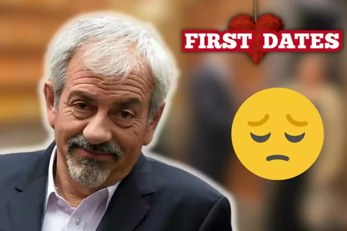 Carlos Sobera amb expressió seriosa al costat del logo de First Dates i un emoji trist.