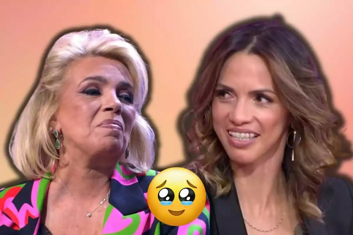 Carmen Borrego i Paola Olmedo somriuen mentre es miren, amb un emoji de carona amb ulls plorosos entre elles i un fons degradat.