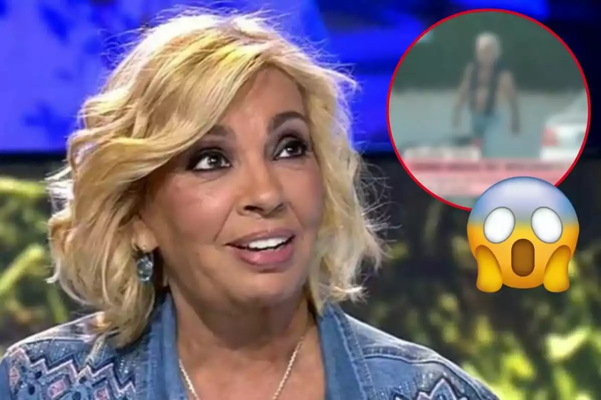 Carmen Borrego somrient en un programa de televisió amb un requadre a la cantonada superior dreta que mostra una figura borrosa i un emoji de sorpresa.