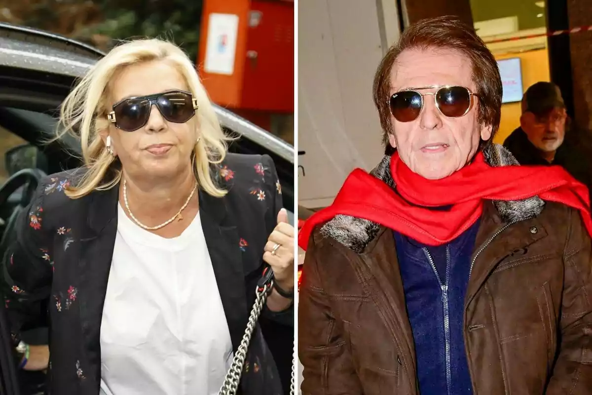 Carmen Borrego i Raphael amb ulleres de sol, una dona rossa amb jaqueta fosca i un home amb bufanda vermella i jaqueta marró. Carmen Borrego i Raphael amb ulleres de sol, una dona rossa amb jaqueta fosca i un home amb bufanda vermella i jaqueta marró.