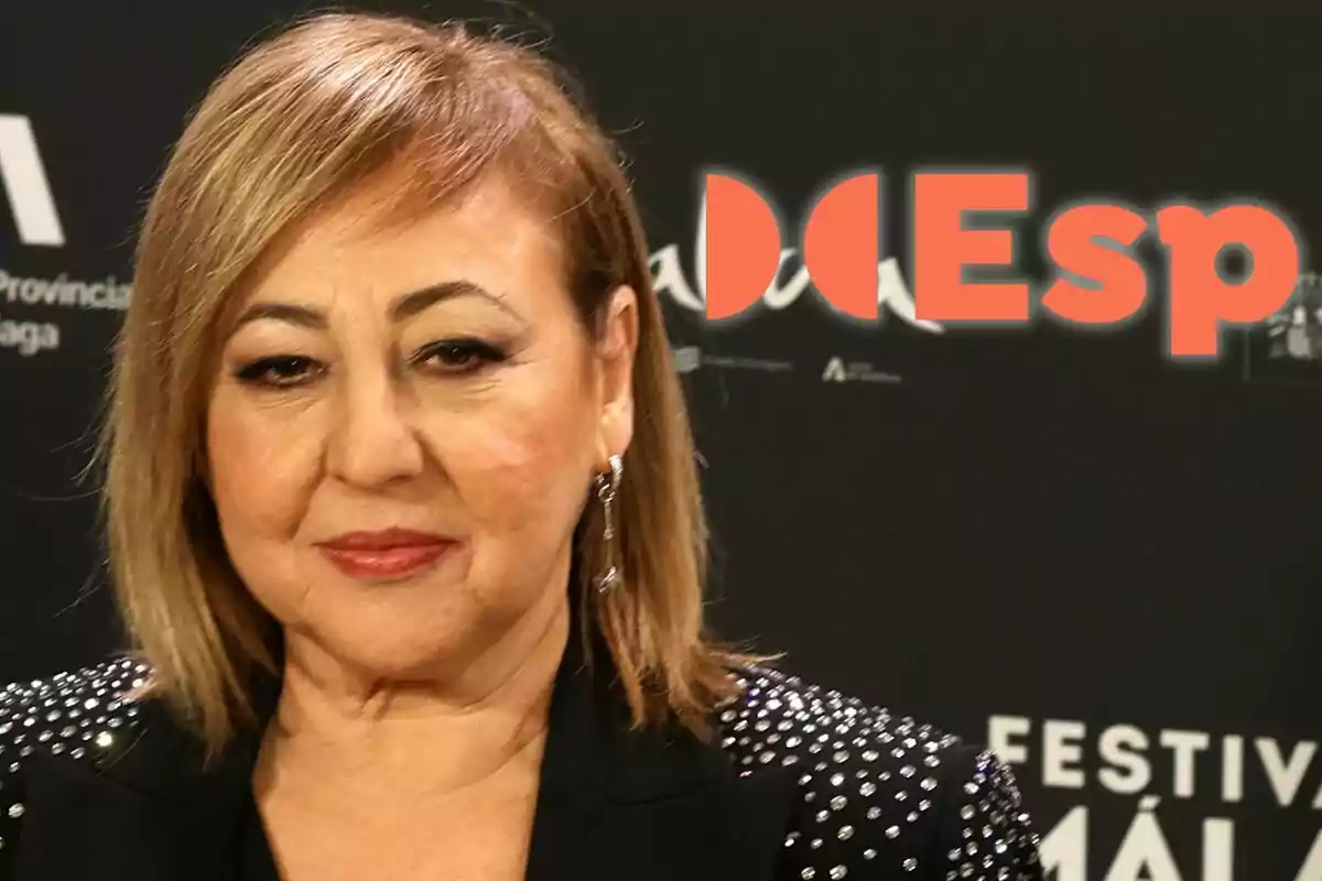 Muntatge de Carmen Machi amb una blazer negra amb brillants i el logo de 'Espejo Público'