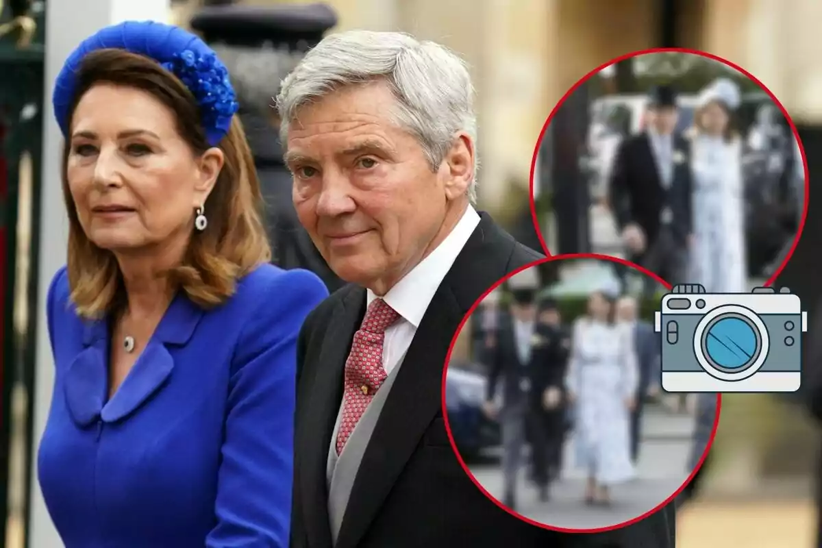 Muntatge de Carole Middleton seriosa en vestit blau, Michael Middleton somrient en vestit negre i corbata vermella, unes imatges desenfocades i una càmera