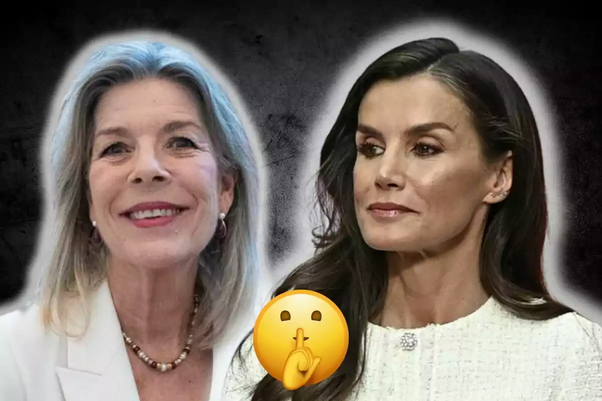 Carolina de Mònaco i la reina Letícia posen juntes davant d'un fons fosc amb un emoji de silenci al centre.