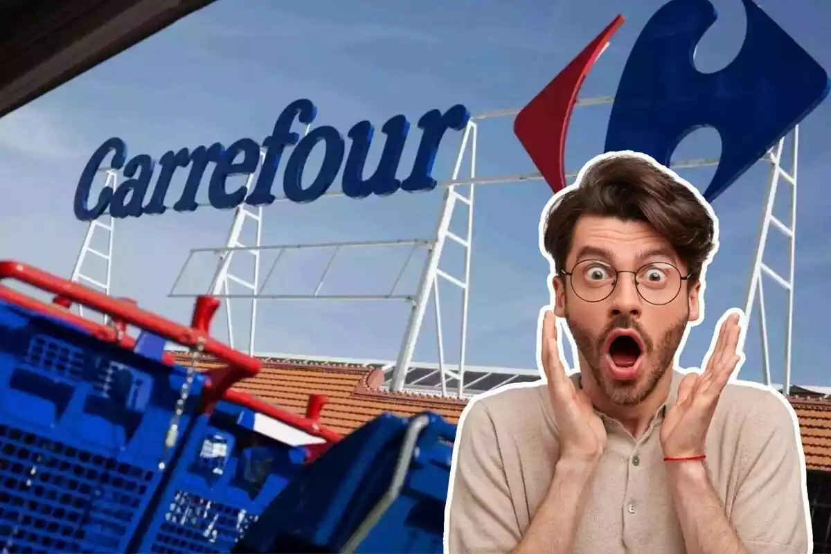 Muntatge d´una botiga de Carrefour exterior i un noi sorprès