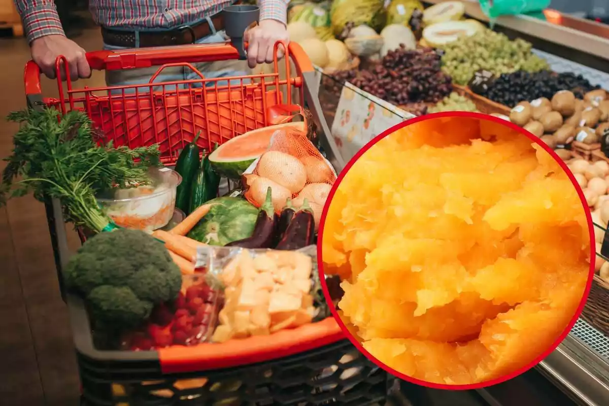Muntatge amb un carretó ple de fruites i verdures en un supermercat i un cercle amb un moniato