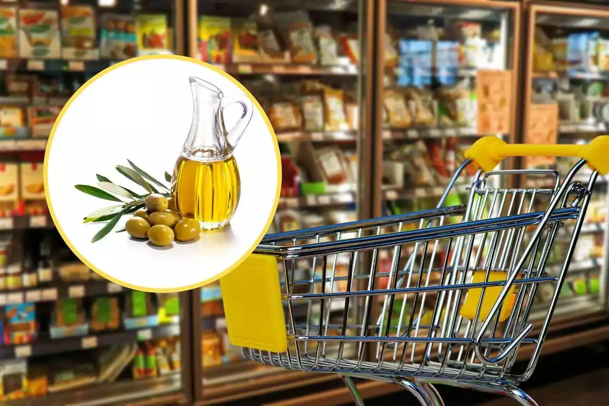 Muntatge d´un carret de compra al passadís d´un supermercat i una rodona amb oli d´oliva