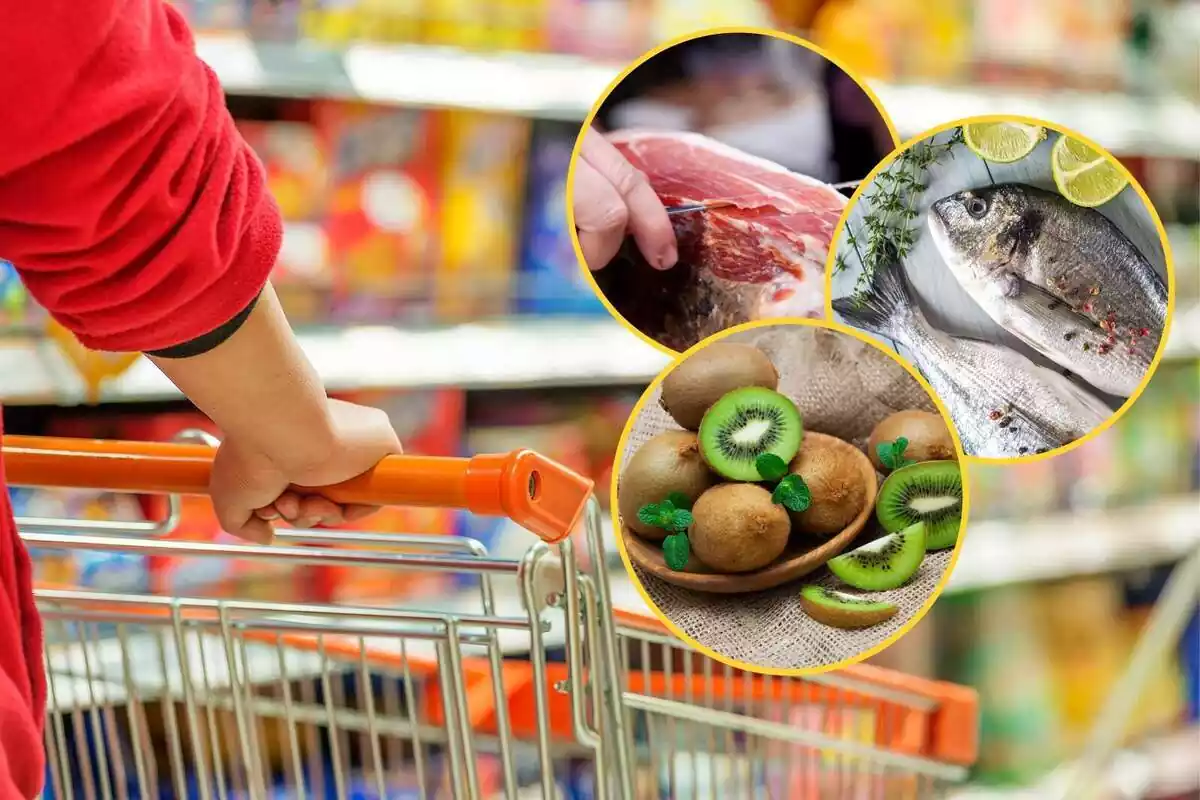 Muntatge amb una persona amb un carretó del supermercat i tres cercles amb una imatge de pernil serrà, peix i kiwis