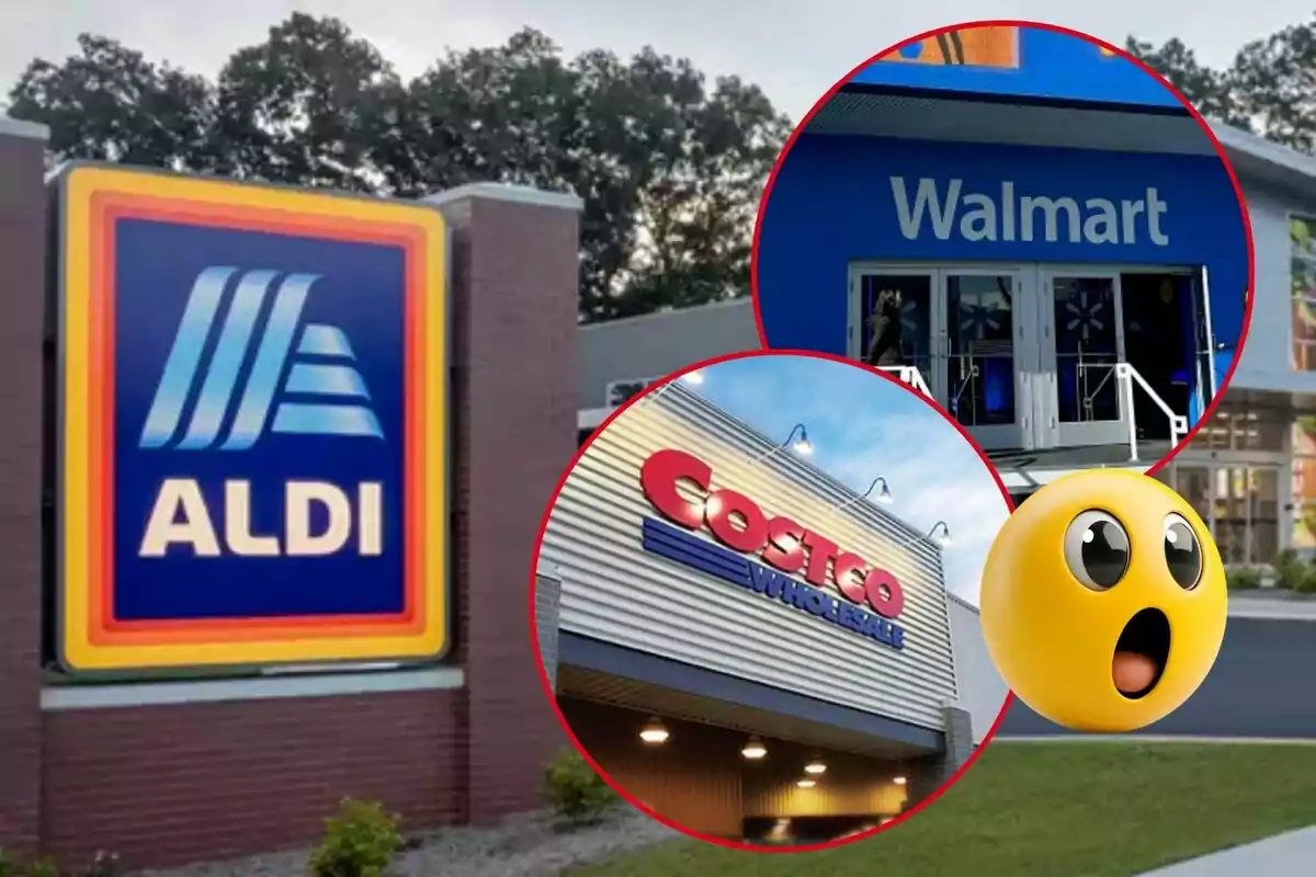 Aldi, Walmart, and Costco store logos with a surprised emoji.