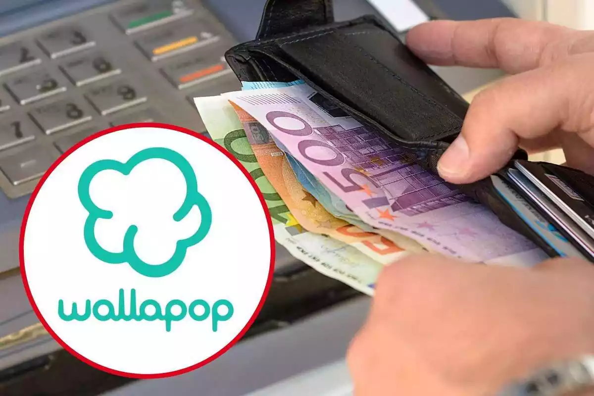 Muntatge amb una cartera plena de bitllets en un caixer automàtic i un cercle amb el logo de Wallapop