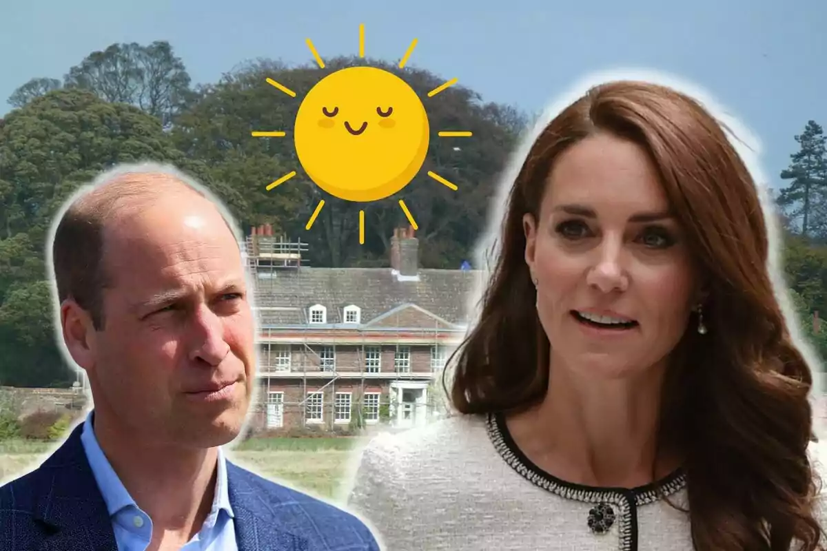 Muntatge de la mansió Anmer Hall, el príncep Guillem seriós amb un vestit blau, Kate Middleton amb rostre neutre i jaqueta blanca i un sol