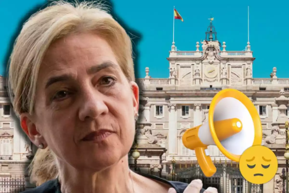 Infanta Cristina with a serious expression in front of a historic building with a Spanish flag and a megaphone next to a sad emoji