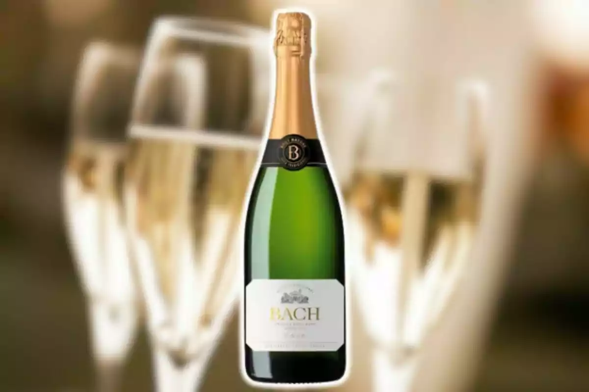 Botella de cava Bach con copas de champán desenfocadas al fondo.