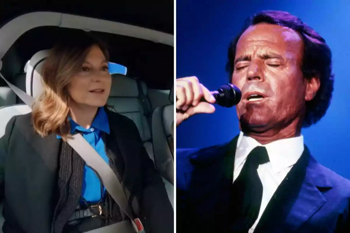Chábeli Iglesias asseguda en un automòbil amb el cinturó de seguretat posat i Julio Iglesias cantant en un escenari amb un micròfon a la mà. Chábeli Iglesias asseguda en un automòbil amb el cinturó de seguretat posat i Julio Iglesias cantant en un escenari amb un micròfon a la mà.