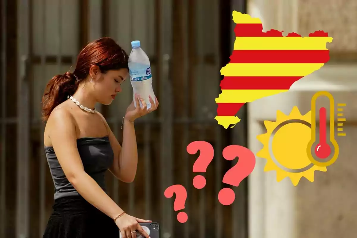 A woman holds a bottle of water to her forehead as she walks, with a map of Catalonia, a sun with a thermometer, and question marks superimposed on the image. A woman holds a bottle of water to her forehead as she walks, with a map of Catalonia, a sun with a thermometer, and question marks superimposed on the image.