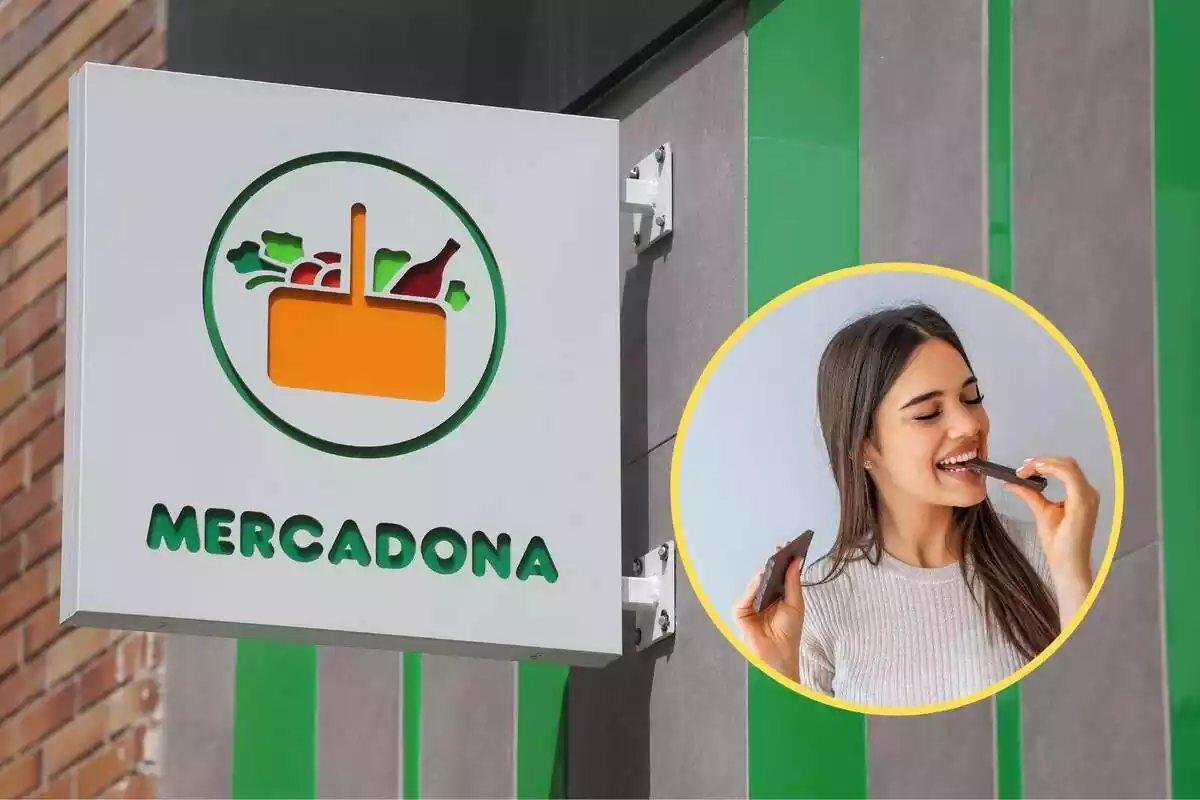 Muntatge de la sortida del Mercadona amb el logo i una noia feliç menjant xocolata