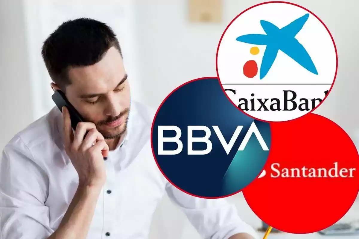 Un home parlant per telèfon amb logotips de bancs espanyols superposats, incloent-hi CaixaBank, BBVA i Santander.