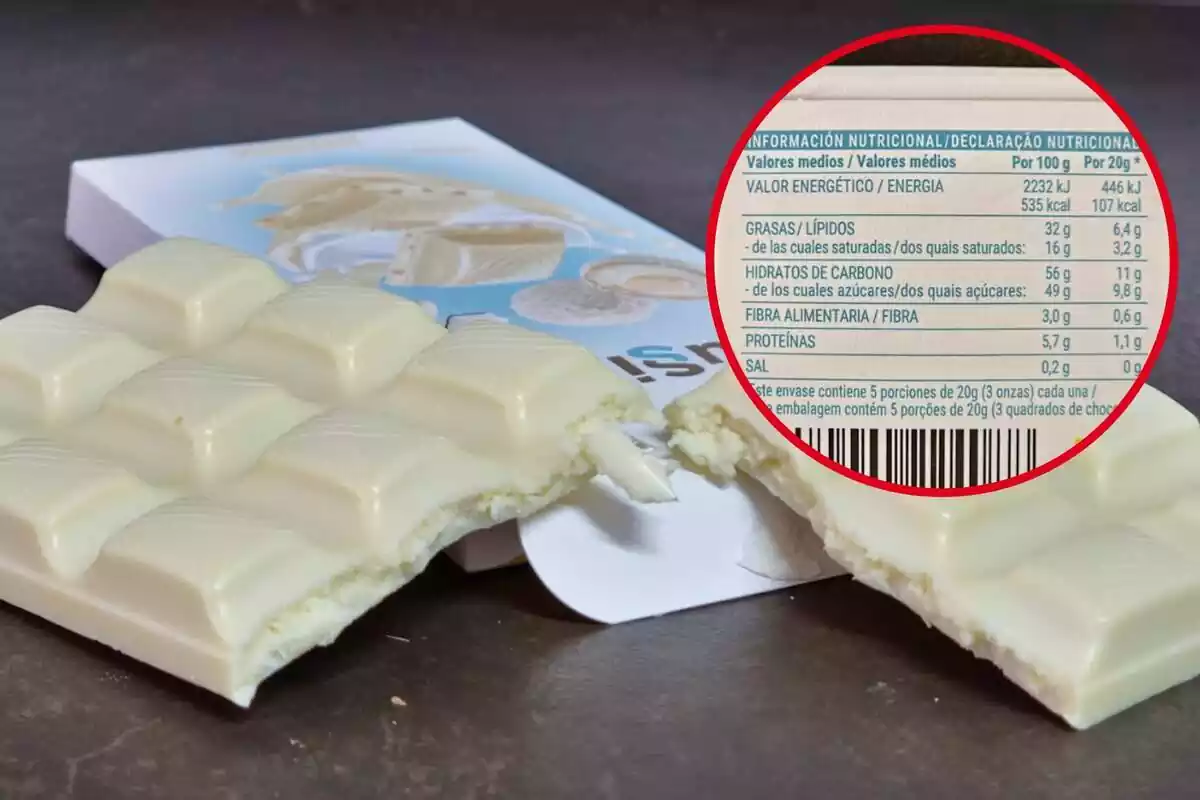 Muntatge amb la rajola de xocolata blanca Fussion de Mercadona i un cercle amb la taula d'informació nutricional del mateix producte