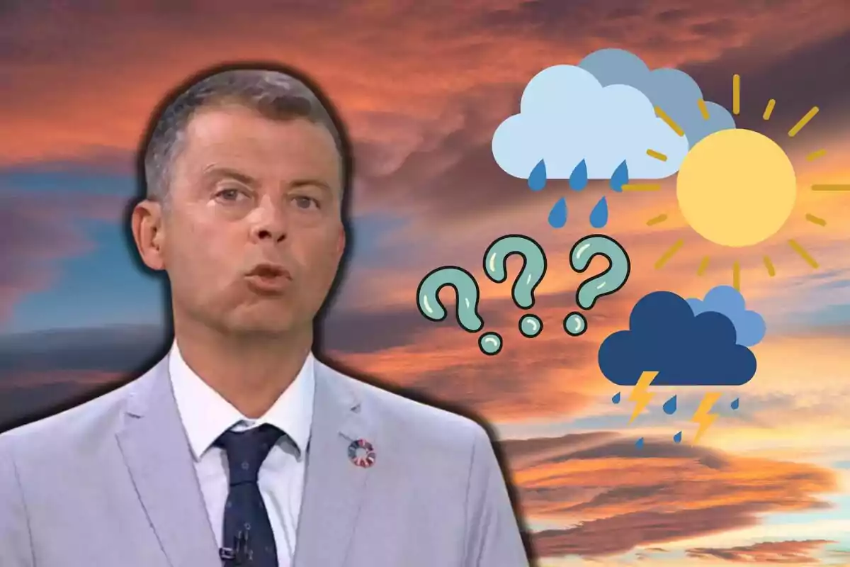 Francesc Mauri en vestit clar amb fons de cel al vespre i símbols de clima variat, incloent-hi sol, núvols i pluja. Francesc Mauri en vestit clar amb fons de cel al vespre i símbols de clima variat, incloent-hi sol, núvols i pluja.