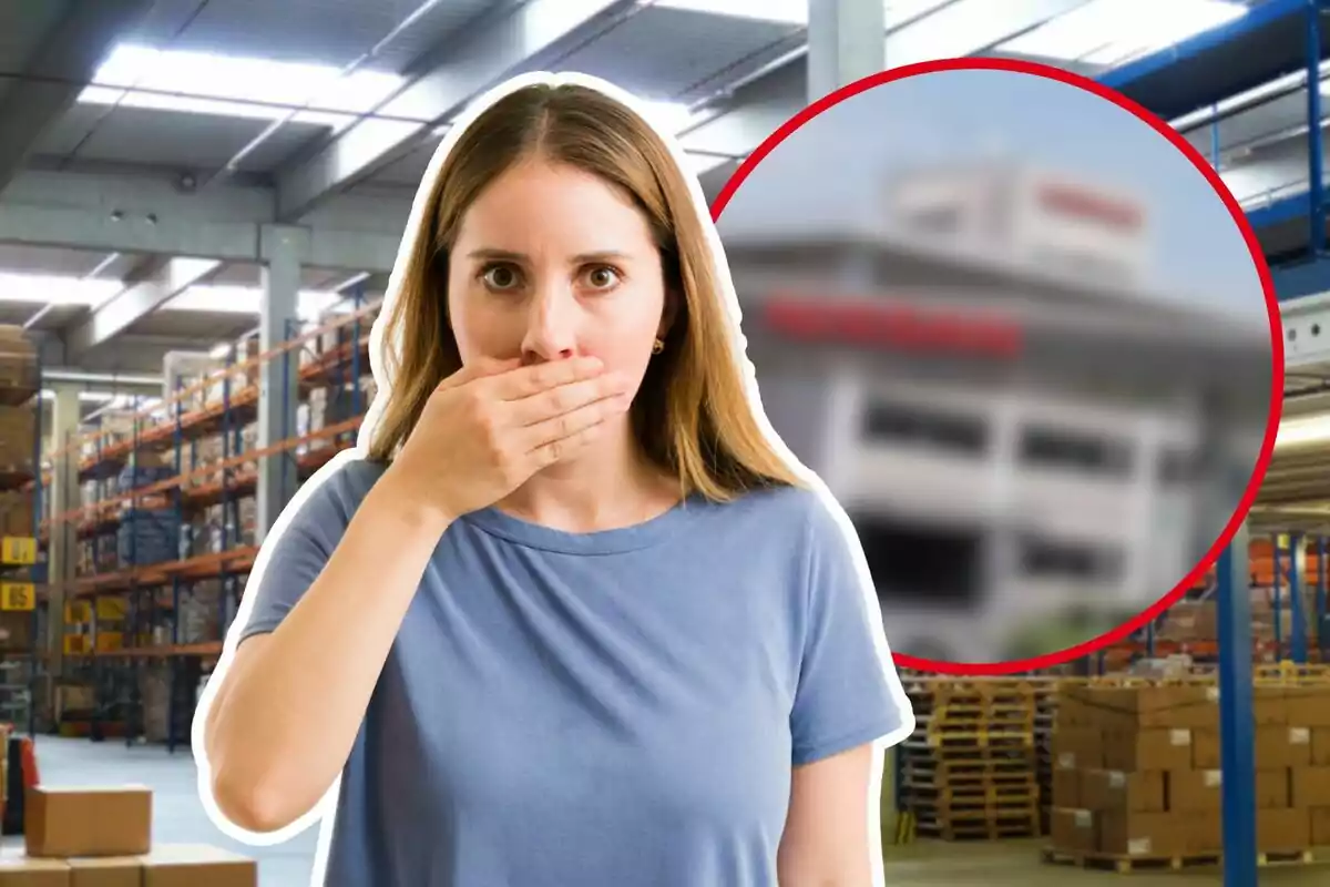 Mujer sorprendida cubriéndose la boca en el interior de un almacén con cajas y estantes, al fondo un edificio desenfocado dentro de un círculo rojo