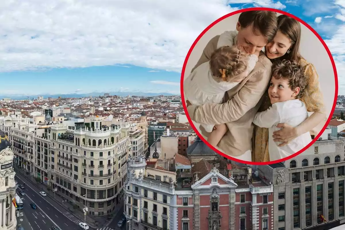 Muntatge amb una imatge panoràmica de la Gran Via de Madrid i un cercle amb una família abraçant-se