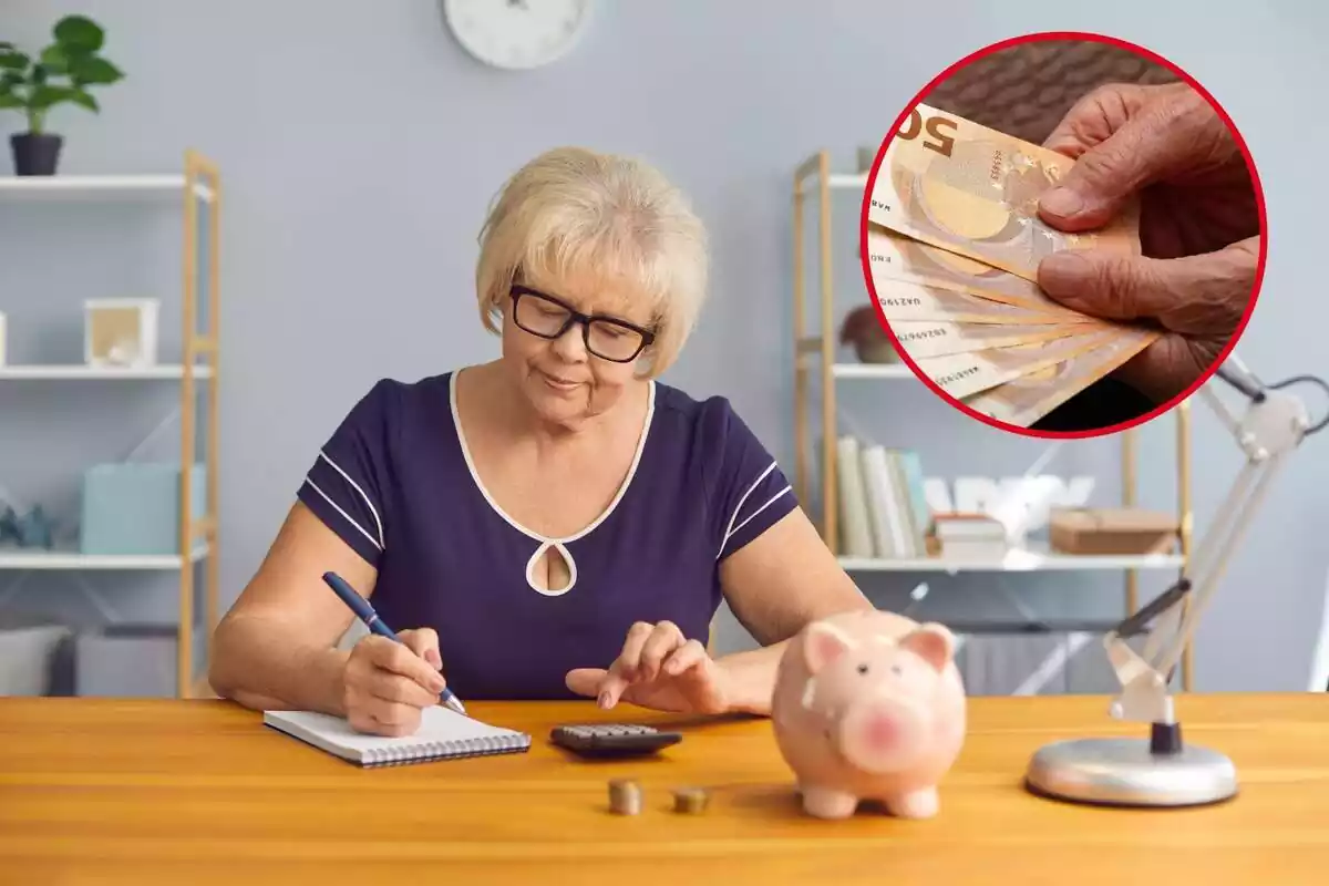 Una dona fa càlculs amb una llibreta i una calculadora, amb un cercle on es veuen diversos bitllets