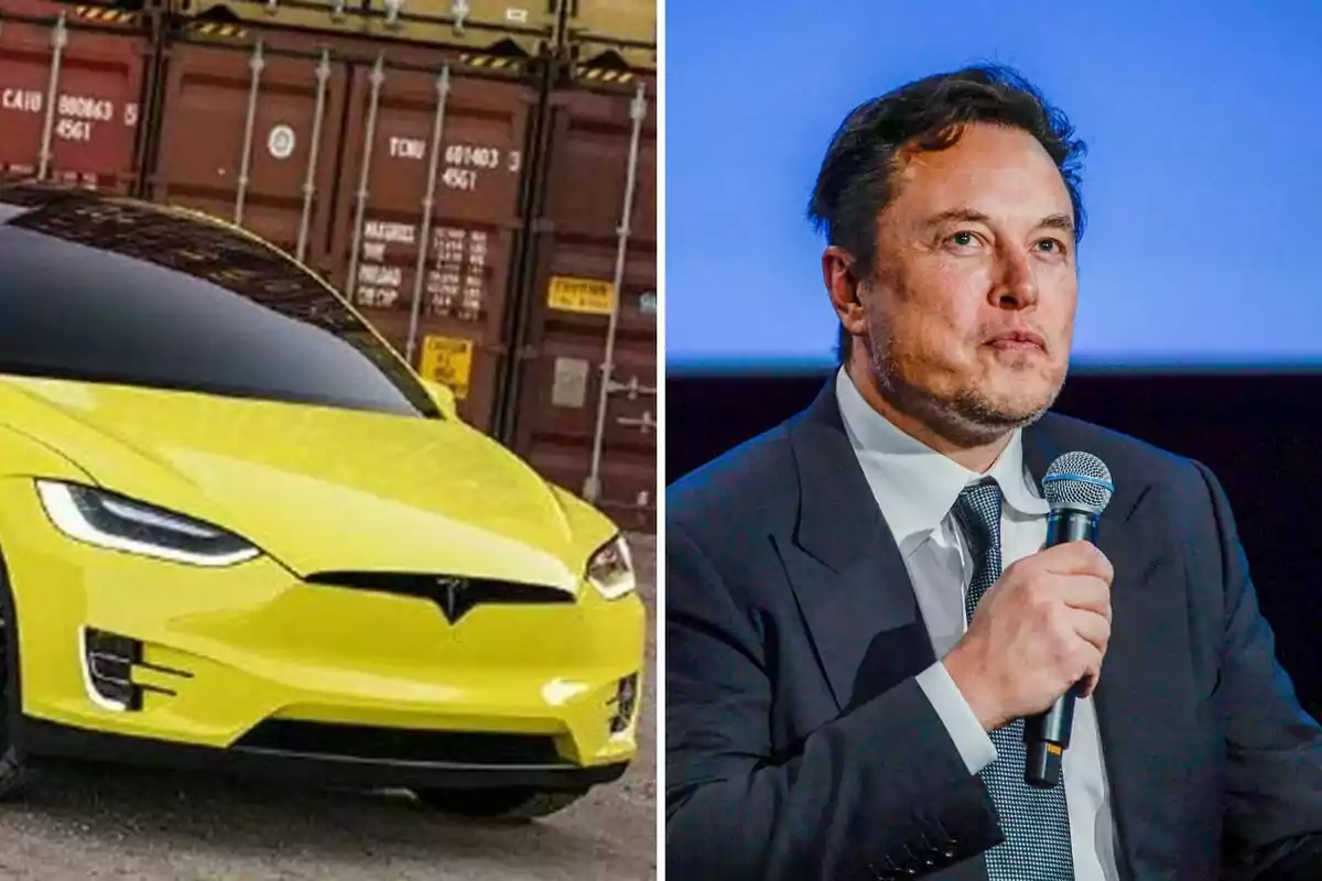 A yellow car parked in front of containers and a man in a suit holding a microphone. A yellow car parked in front of containers and a man in a suit holding a microphone.