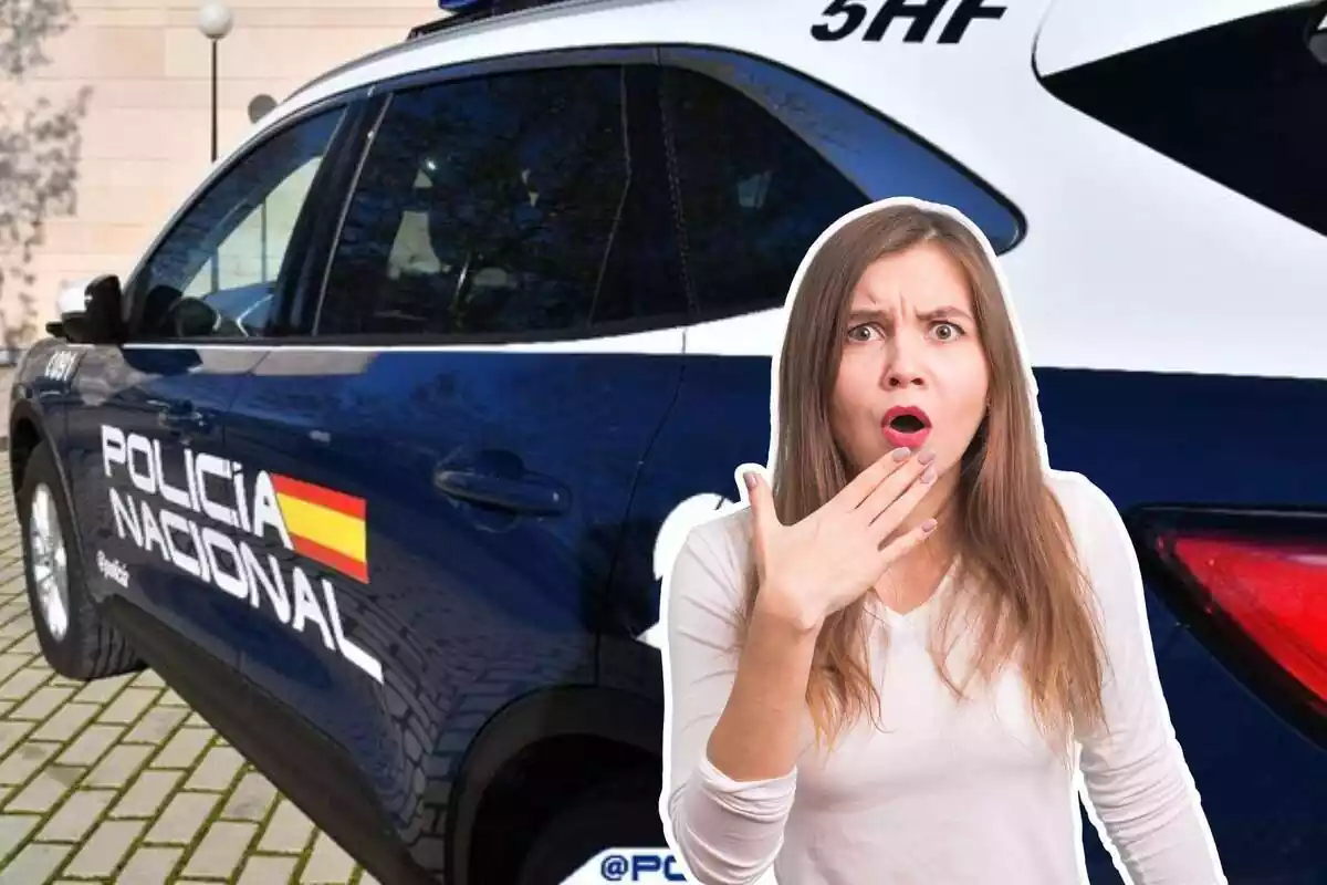Muntatge d´un cotxe de la Policia Nacional i una noia sorpresa