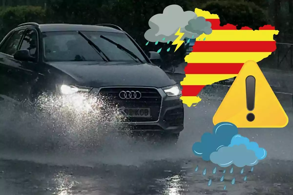 An Audi car drives on a flooded road in heavy rain, with weather warning symbols and a map of Catalonia in the background.