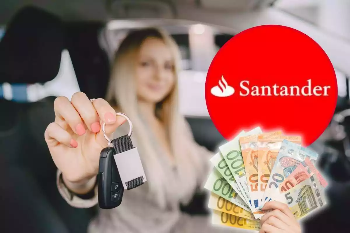 Una noia ensenya les claus del cotxe al?interior del vehicle, ia la part esquerra, diversos bitllets d?euro subjectats per una mà i el logo del Santander en un cercle