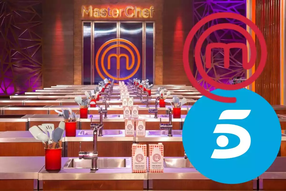 Muntatge de la cuina de 'MasterChef', el logotip del programa i el de Telecinco