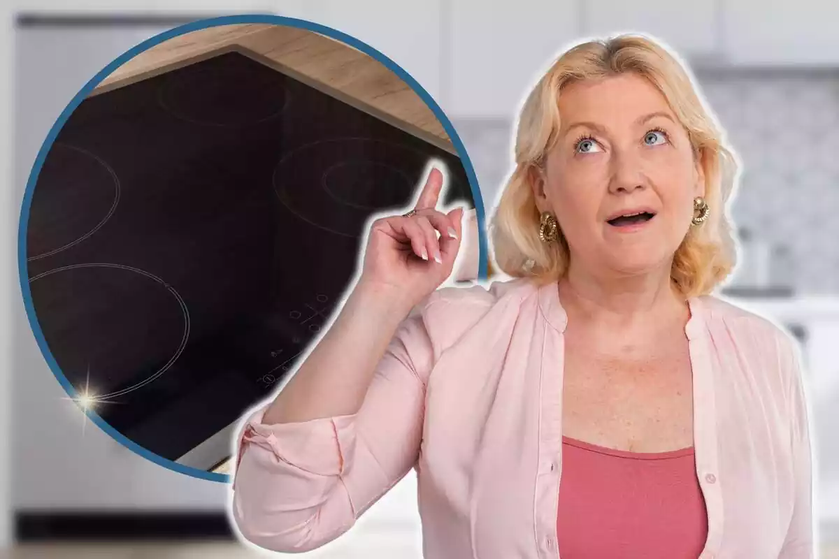 Muntatge amb una cuina de fons, un cercle amb una vitroceràmica i una dona fent el gest de tenir una idea