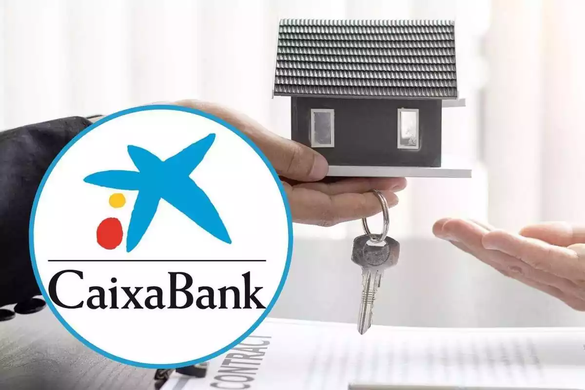 Muntatge amb una imatge d'unes mans agafant una casa en miniatura amb unes claus i un cercle amb el logo de CaixaBank