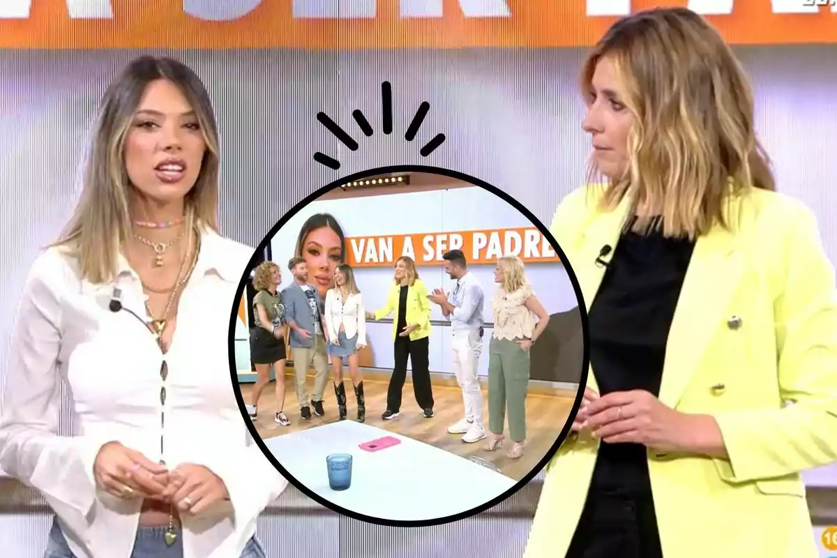 Dues dones presenten un programa de televisió, una porta una jaqueta groga i l'altra una brusa blanca, al centre de la imatge hi ha un cercle que mostra diverses persones al set amb un cartell que diu "VAN A SER PARES" .