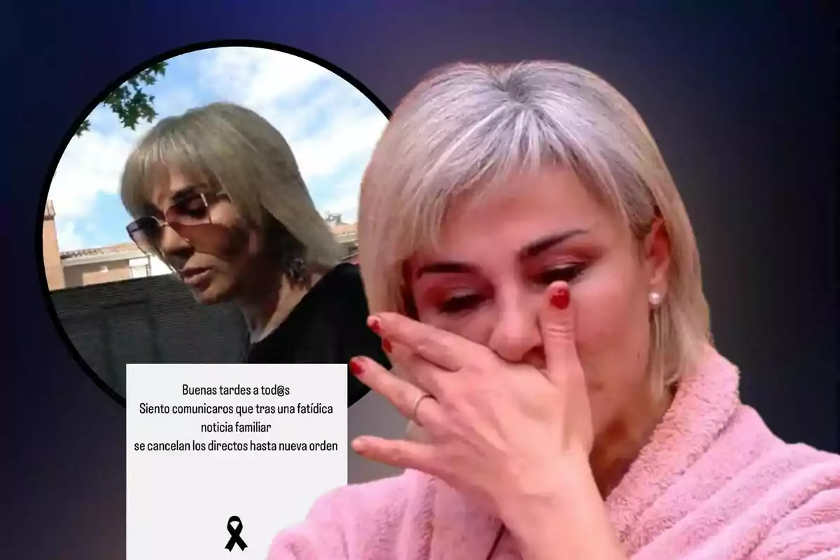 Muntatge amb Ana María Aldón plorant amb una imatge seva a casa d'Ortega Cano i el missatge que ha compartit a les xarxes socials