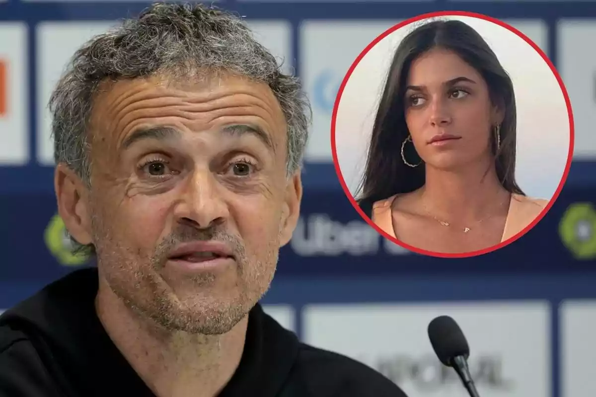 Montage of photos with Luis Enrique at a press conference and an image of his daughter Sira Martínez with a serious face
