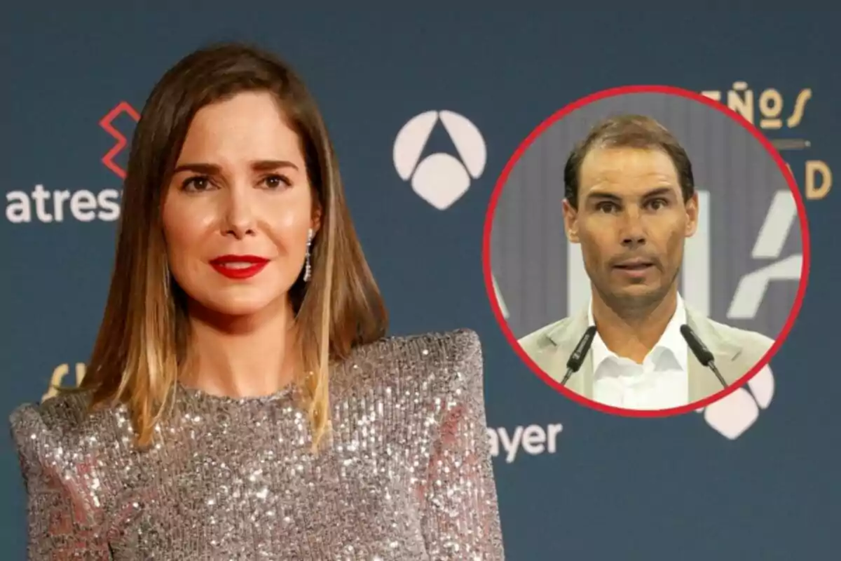 Natalia Sánchez amb un vestit brillant posa davant d'un fons blau amb logotips, mentre Rafa Nadal apareix en un cercle vermell a la cantonada superior dreta.