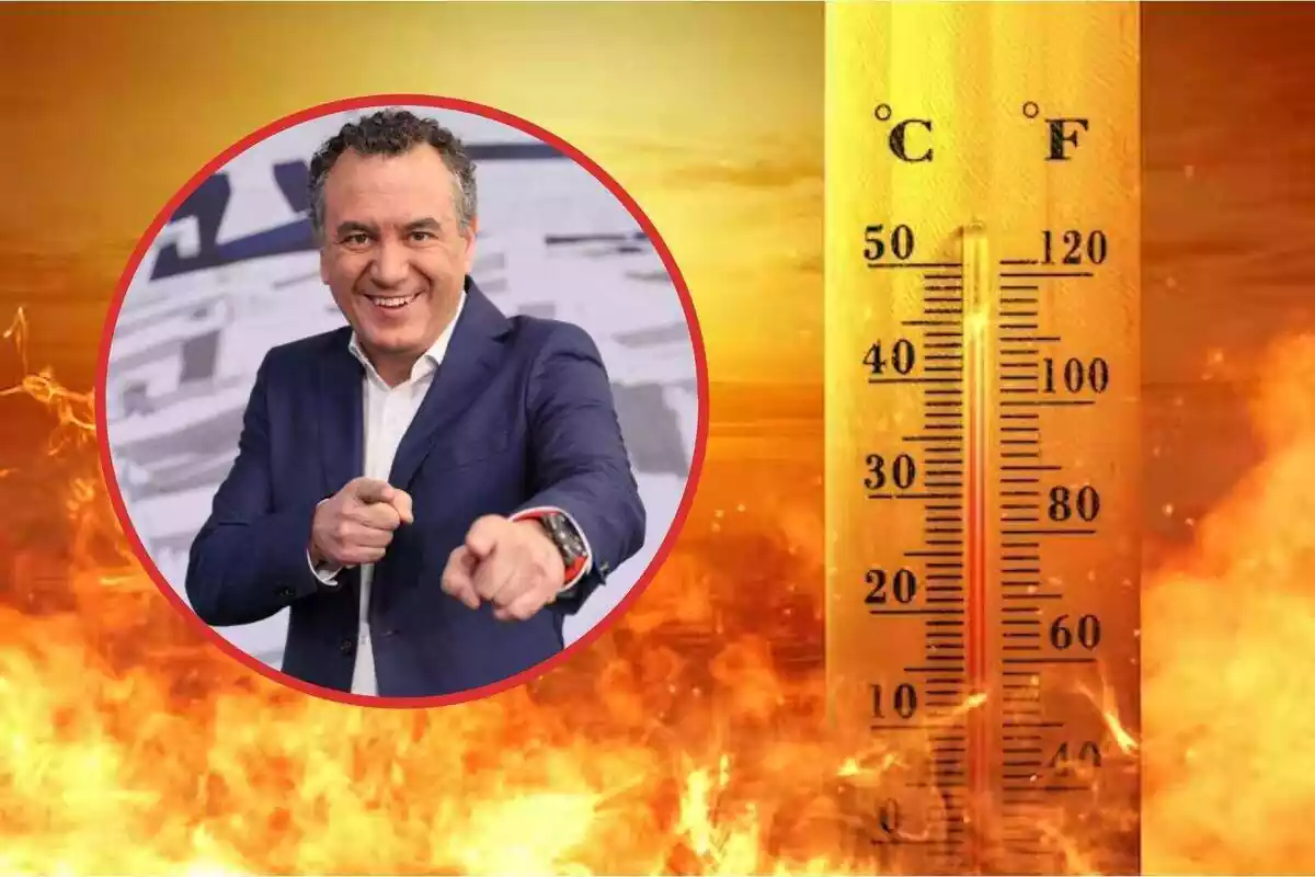 Muntatge amb una imatge d'un termòmetre i flames de foc i un cercle amb la cara de Roberto Brasero