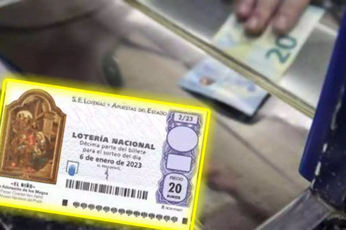 Muntatge amb un bitllet de 20 euros de fons i un dècim de la Loteria Nacional
