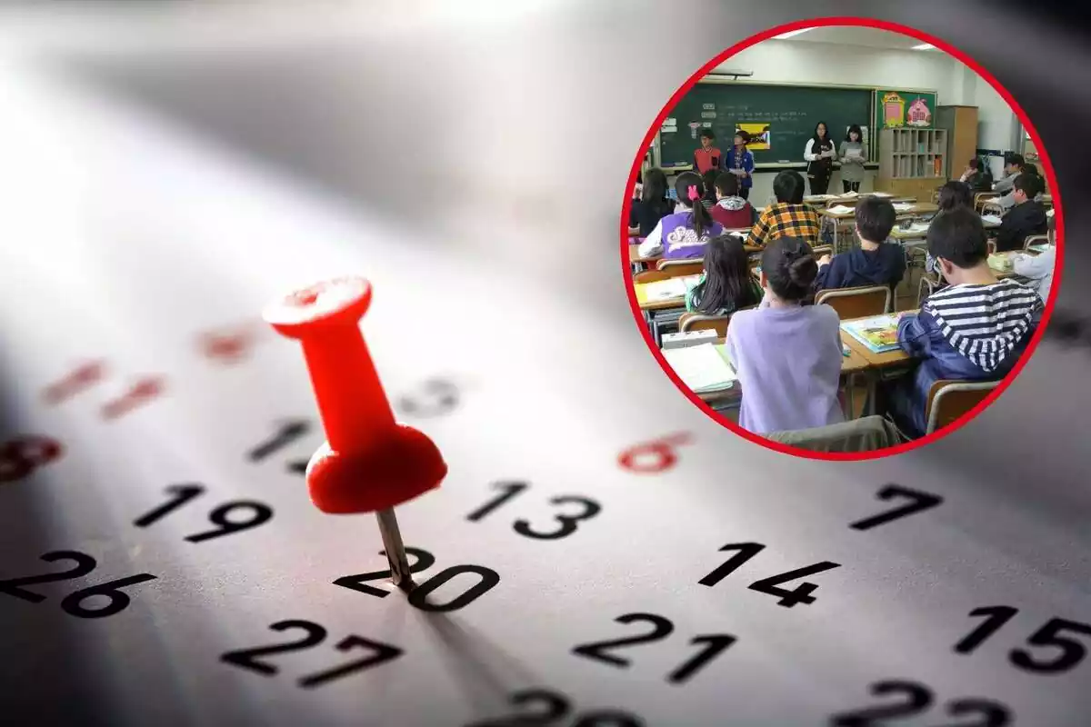 Muntatge de fotos d'un calendari amb una xinxeta marcat el dia 20 i una aula escolar amb nens atenent una classe