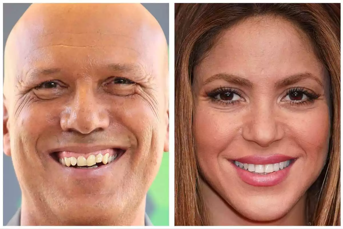 Muntatge de les cares d'Alfons Arús somrient i Shakira somrient en un photocall i mirant a càmera