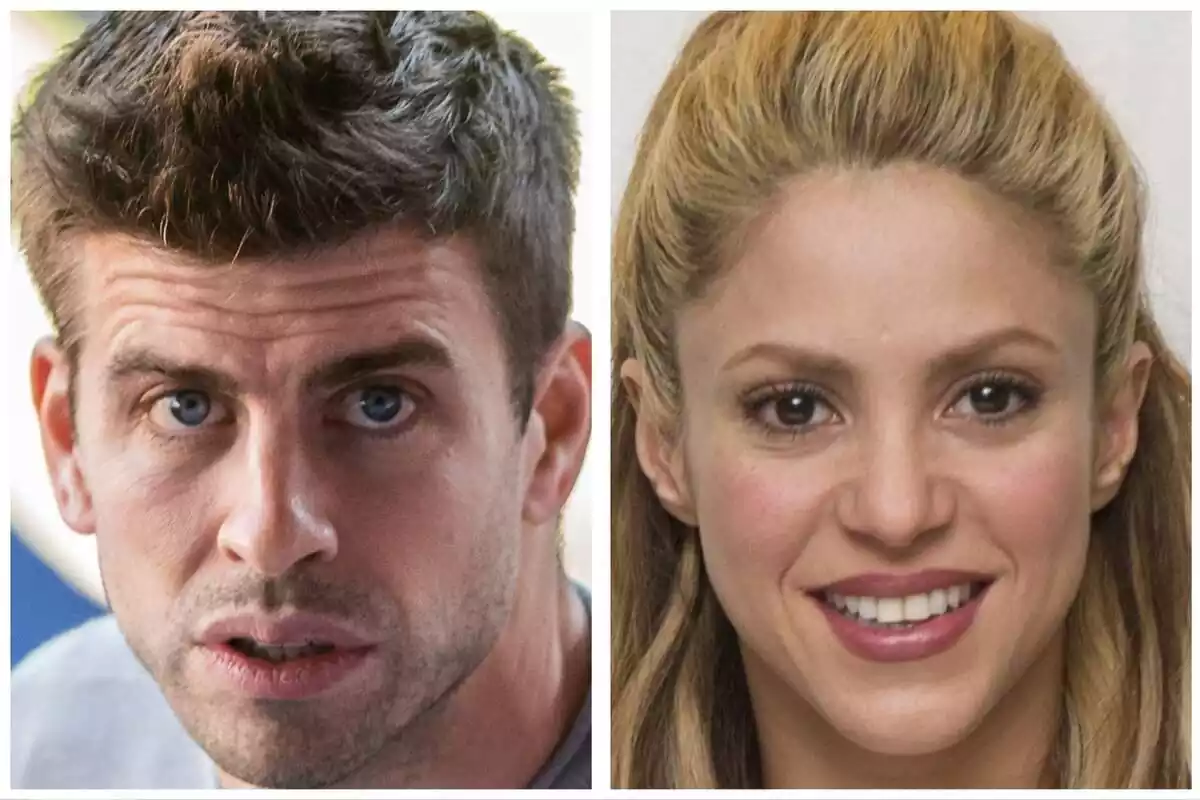 Muntatge de les cares de Gerard Piqué seriós i mirant a càmera, i Shakira somrient