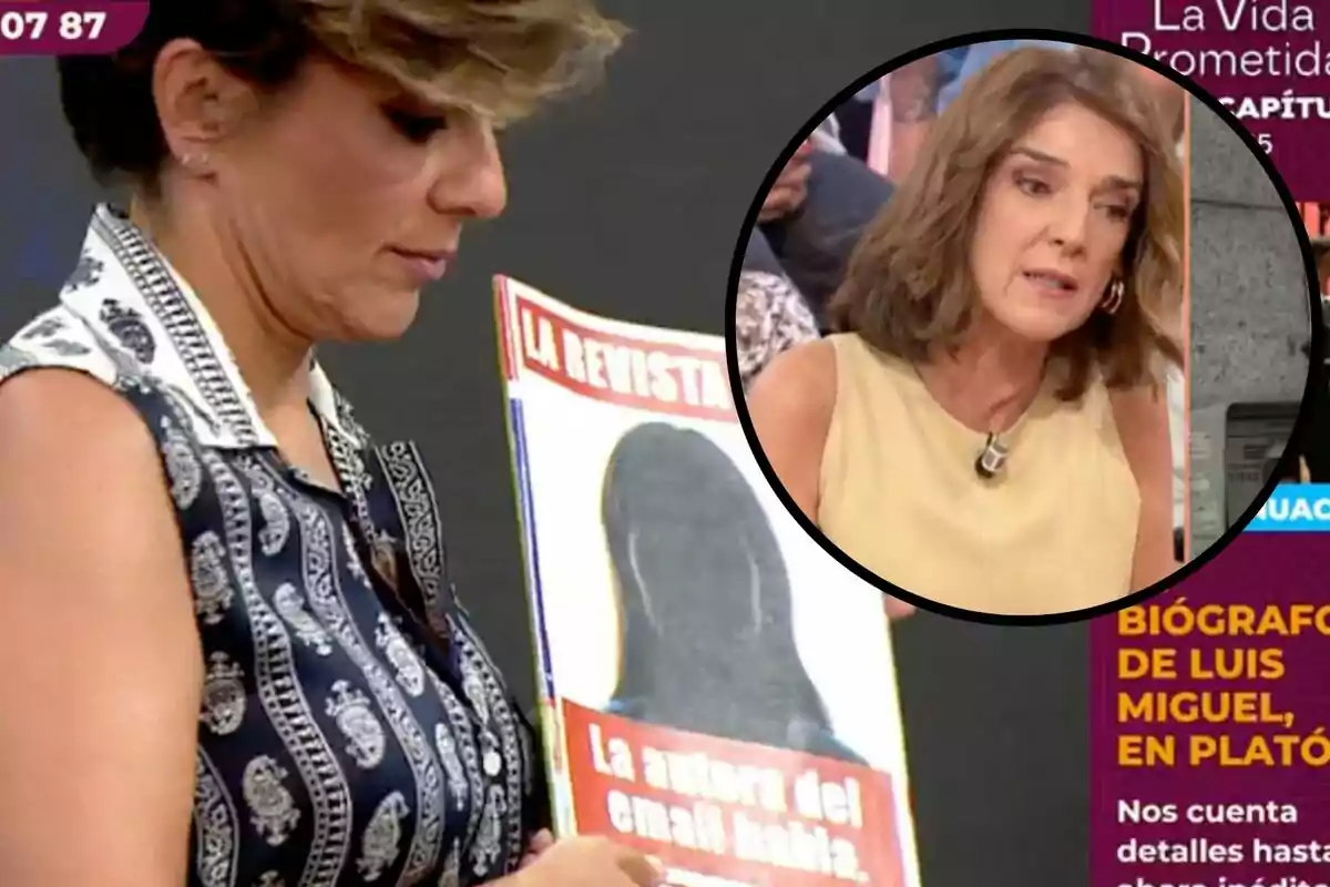 Una dona sosté una revista amb una portada que diu "L'autora de l'email parla" mentre una altra dona apareix en un requadre circular a la cantonada superior dreta.