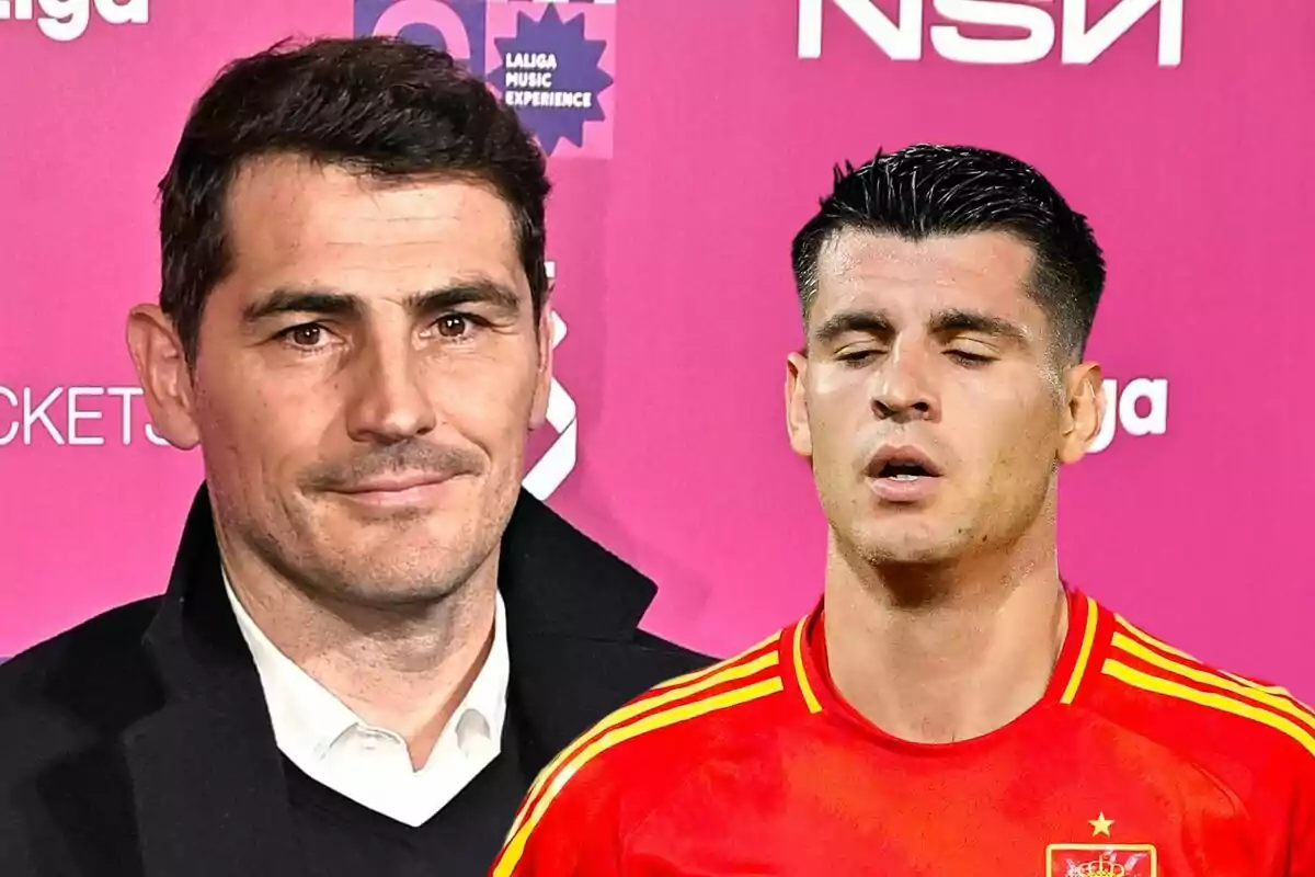 Muntatge amb una imatge d'Iker Casillas posant en un photocall i una d'Álvaro Morata jugant a futbol