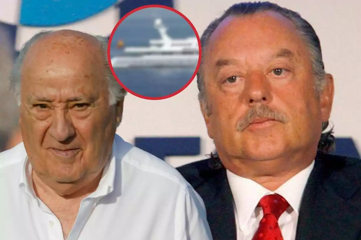 Muntatge amb una imatge d'Amancio Ortega amb una de Rodríguez Cebrián amb una imatge d'un iot borrós en un cercle vermell