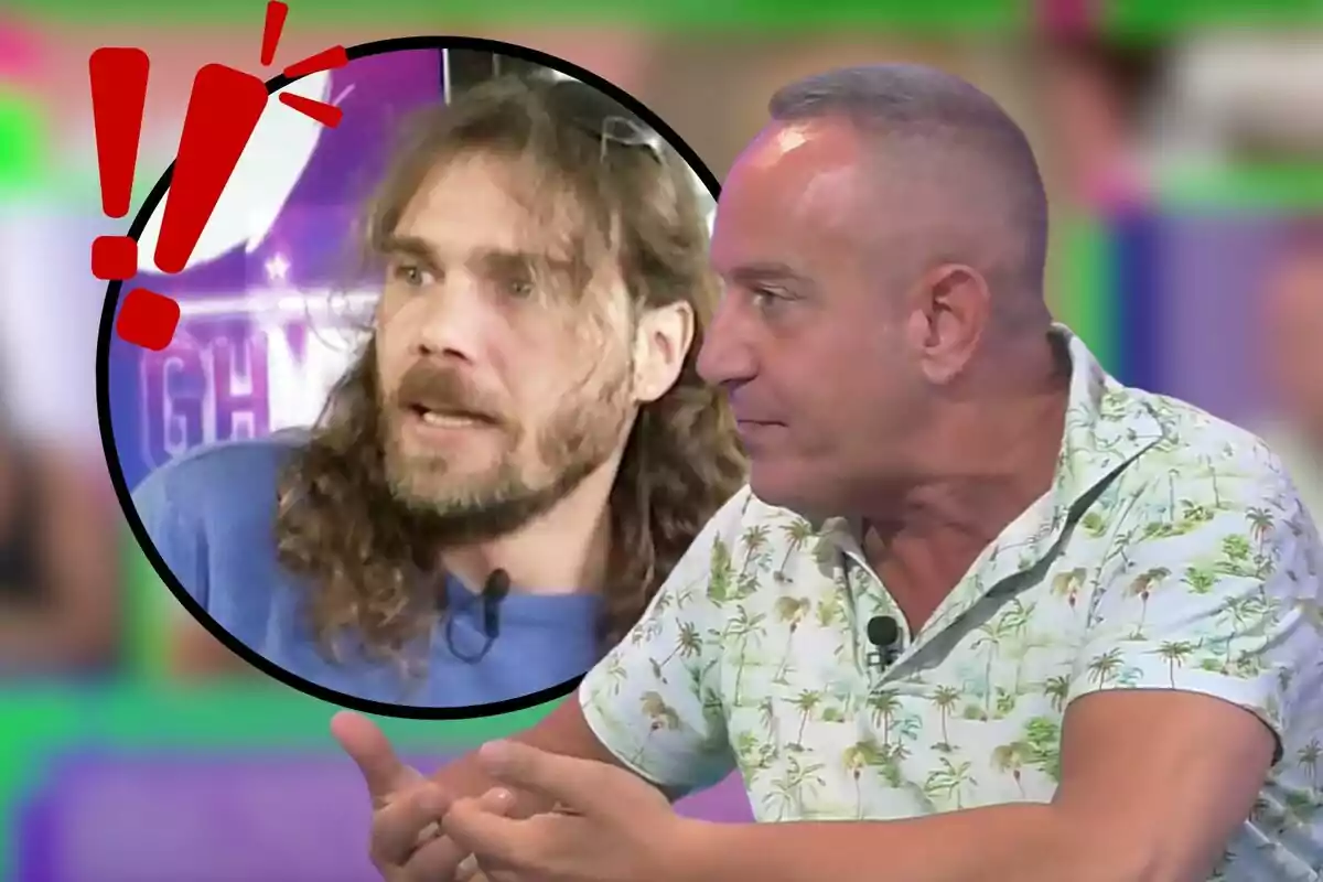 Dos homes discutint en un programa de televisió, un amb cabell llarg i barba, i l'altre amb cabell curt i una camisa amb estampat de palmeres.