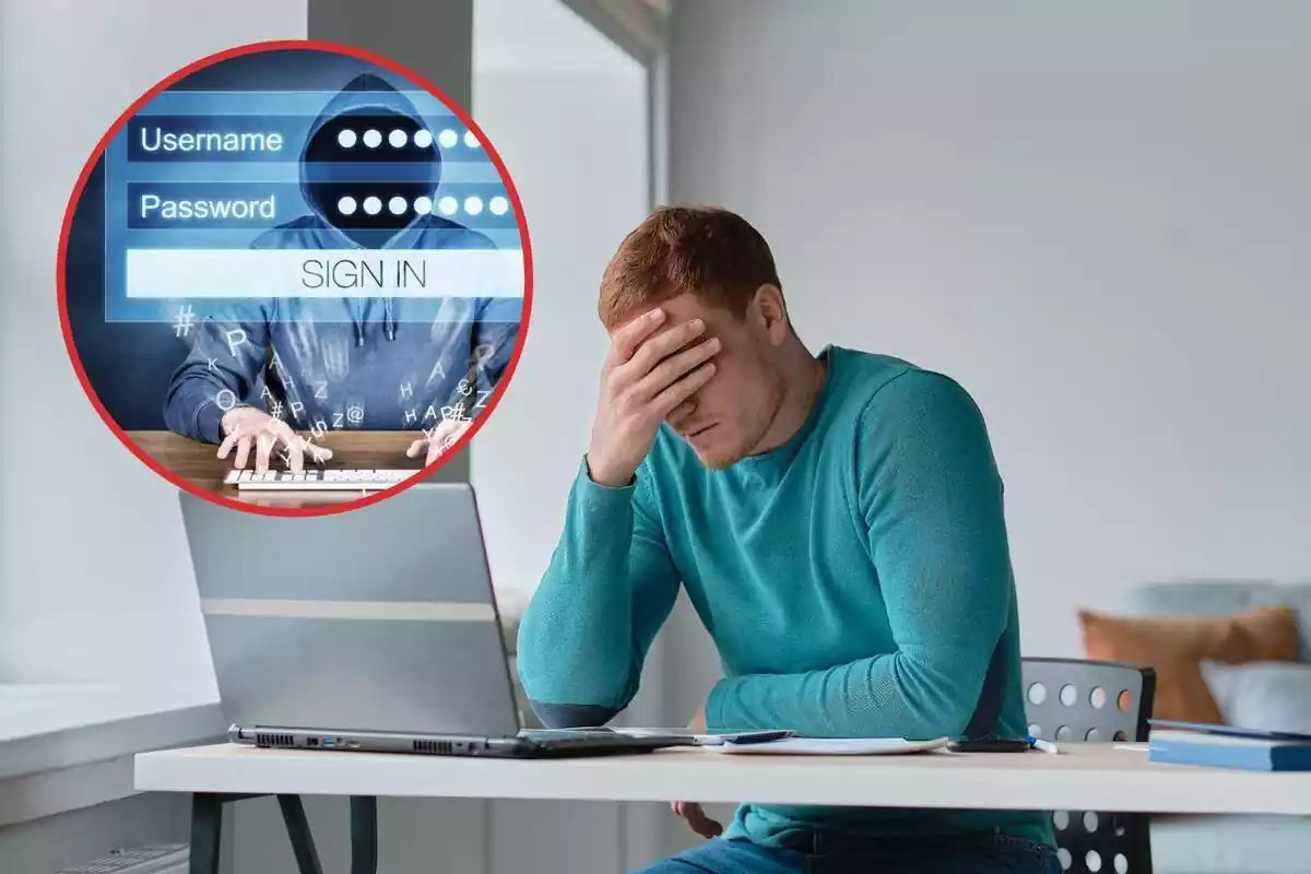 Un home es lamenta davant de l'ordinador, i al cercle un ciberdelinqüent amb contrasenyes