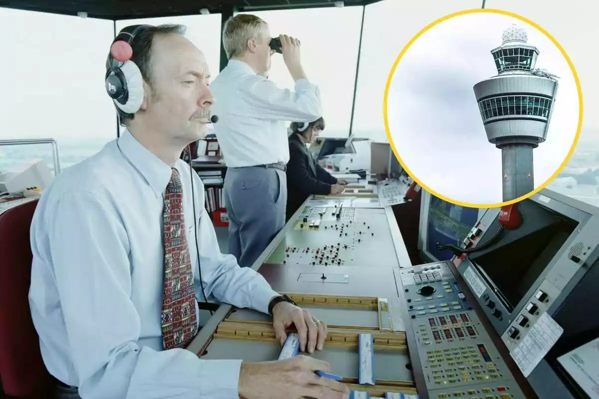 Muntatge d´un centre de control aeri amb persones treballant i una torre de control
